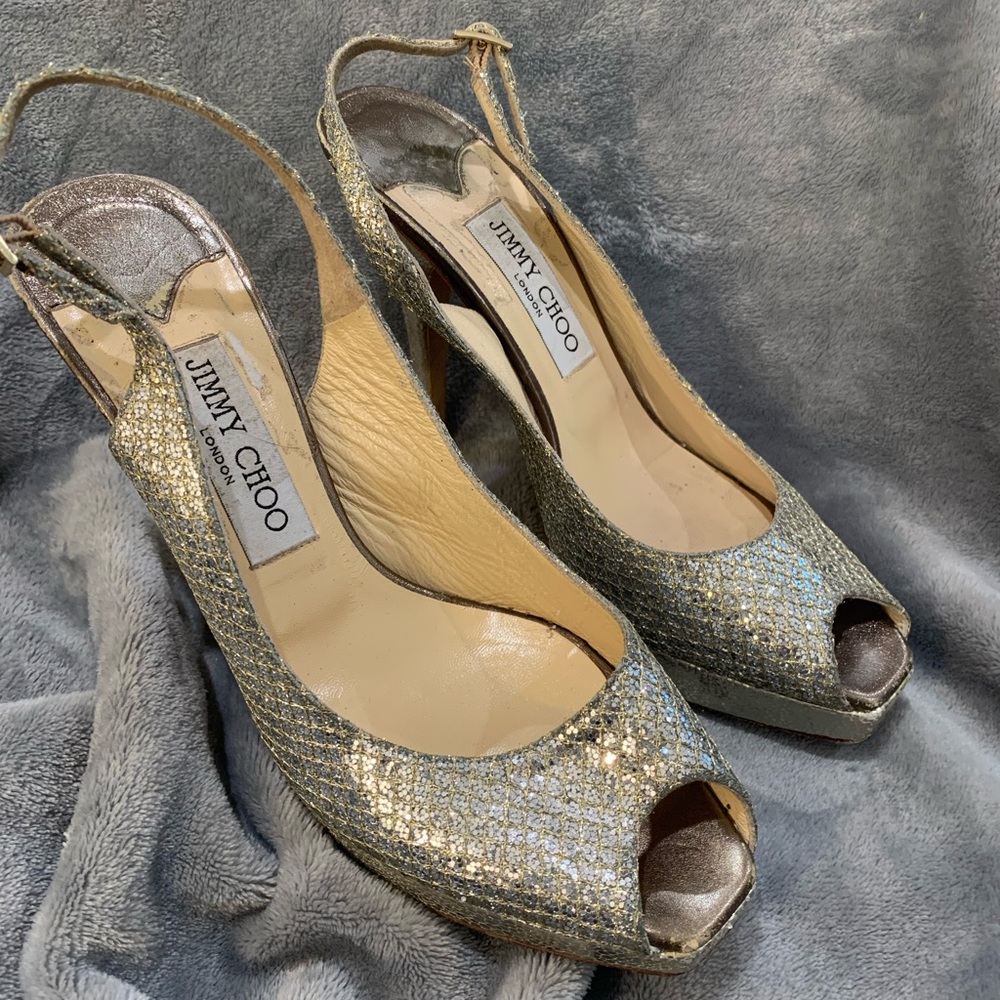 Jimmy Choo Nova Glittered Metallic Open Tie Slingback Platform‎ Sandal Pump